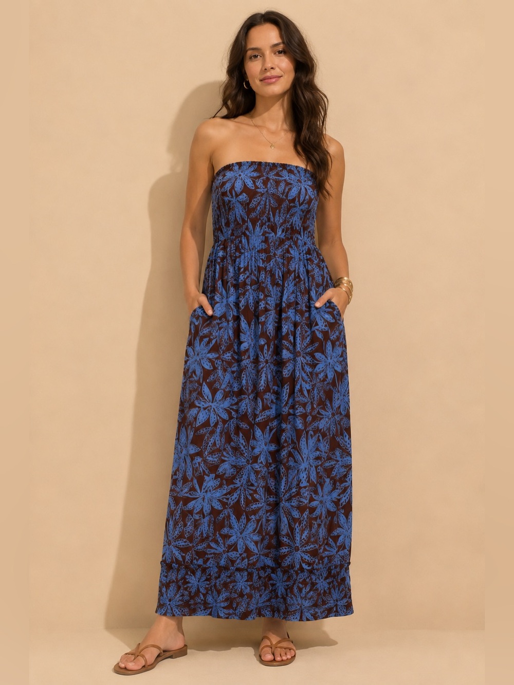 NWT Band of the Free Brown Blue Floral Strapless Maxi Dress Pockets Size S